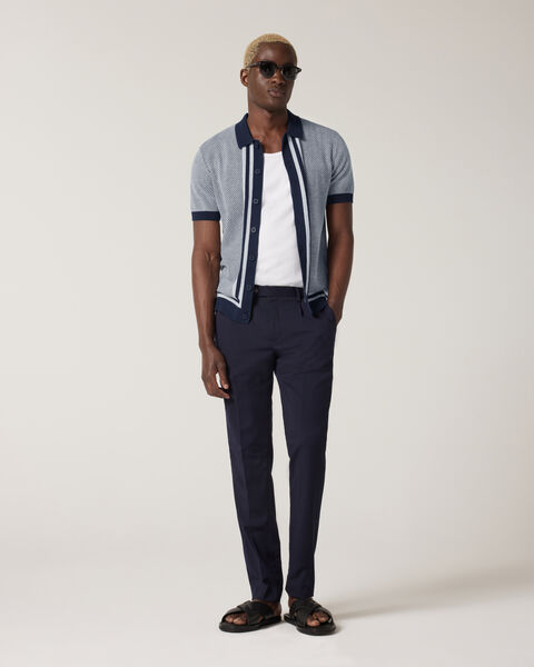 Panelled Short Sleeve Button Up Knit, Navy, hi-res